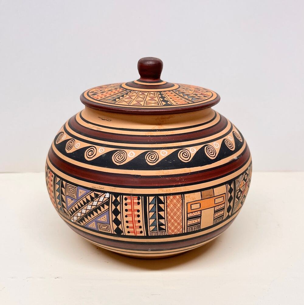 Peruvian Pottery Jar Handcrafted with Handled Lid